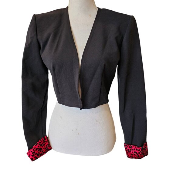 Retro‎ 90s Womens Small Black Cropped Open Blazer Jacket Red Leopard Print Cuffs - Picture 8 of 8